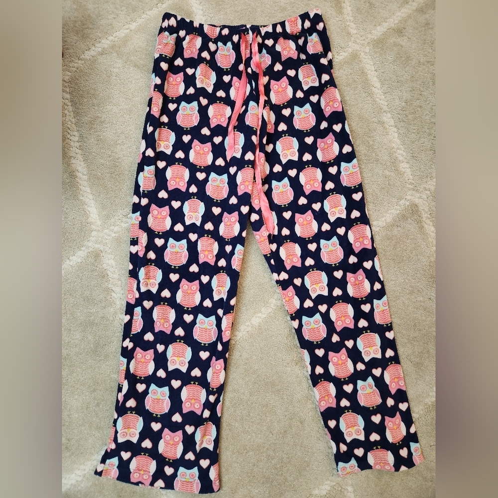 Small Womens Owl Pajamas Pants Pink And Navy Fleece